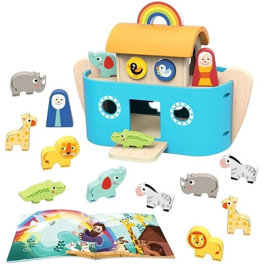 Wooden Noah's Ark Playset Montessori Shape Sorter Toy with Storybook NEW‎ NIB